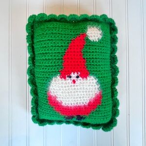 Vintage Handmade Crochet Santa Throw Pillow Christmas Holiday Decor